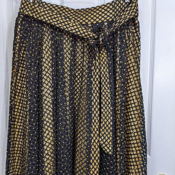 Raquel Black Net Overlay Gold Liner Crystals Tie Belt Maxi Skirt - size 1XL NWT - Picture 7 of 14